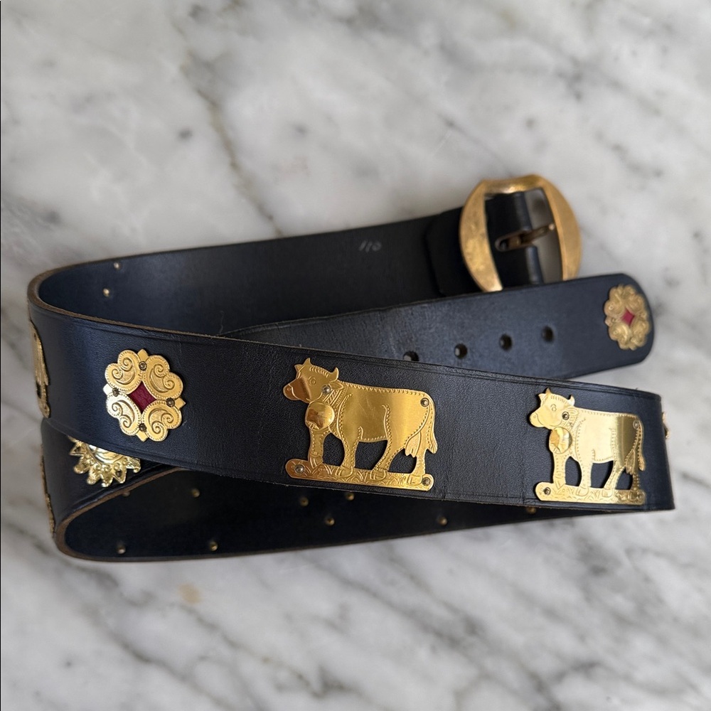 Black Leather Belt with Gold Cow Medallions Swiss traditional Appenzeller belt.